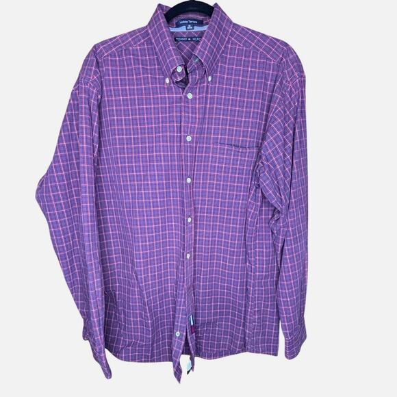 Tommy Hilfiger Holiday Tartan Button Down Mens Size 16 34-35 Red Blue Plaid - Picture 1 of 8
